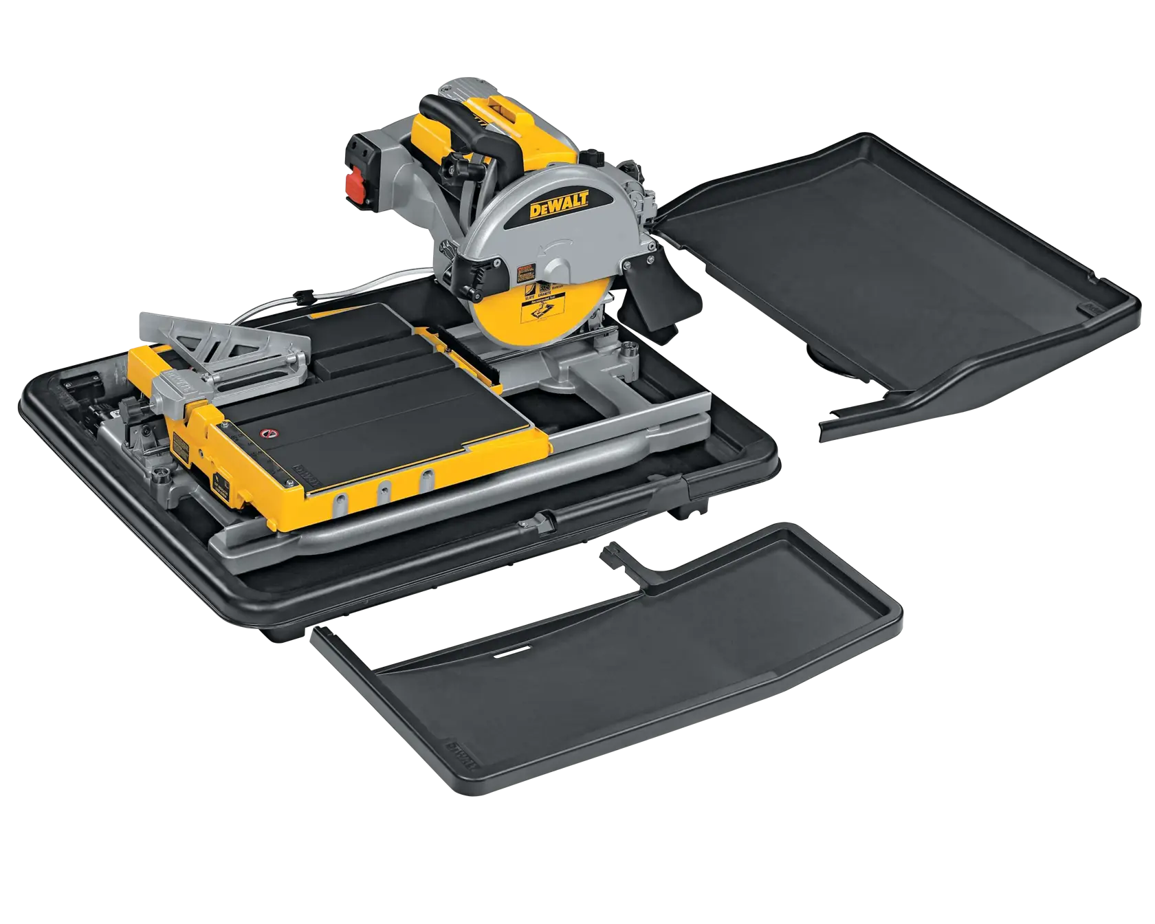 A DEWALT tile saw with a yellow and gray color scheme, mounted on a black tray with two removable side panels. The saw is designed for precision cutting of tiles and features a sliding table and safety guards.