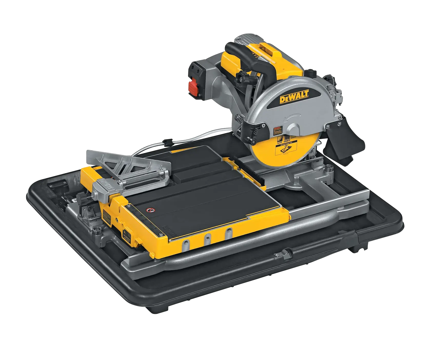 A DEWALT branded tile saw with a sliding table, featuring a yellow and silver design. The tool is placed on a black base, showing a cutting guide and guard for precise tile cutting.