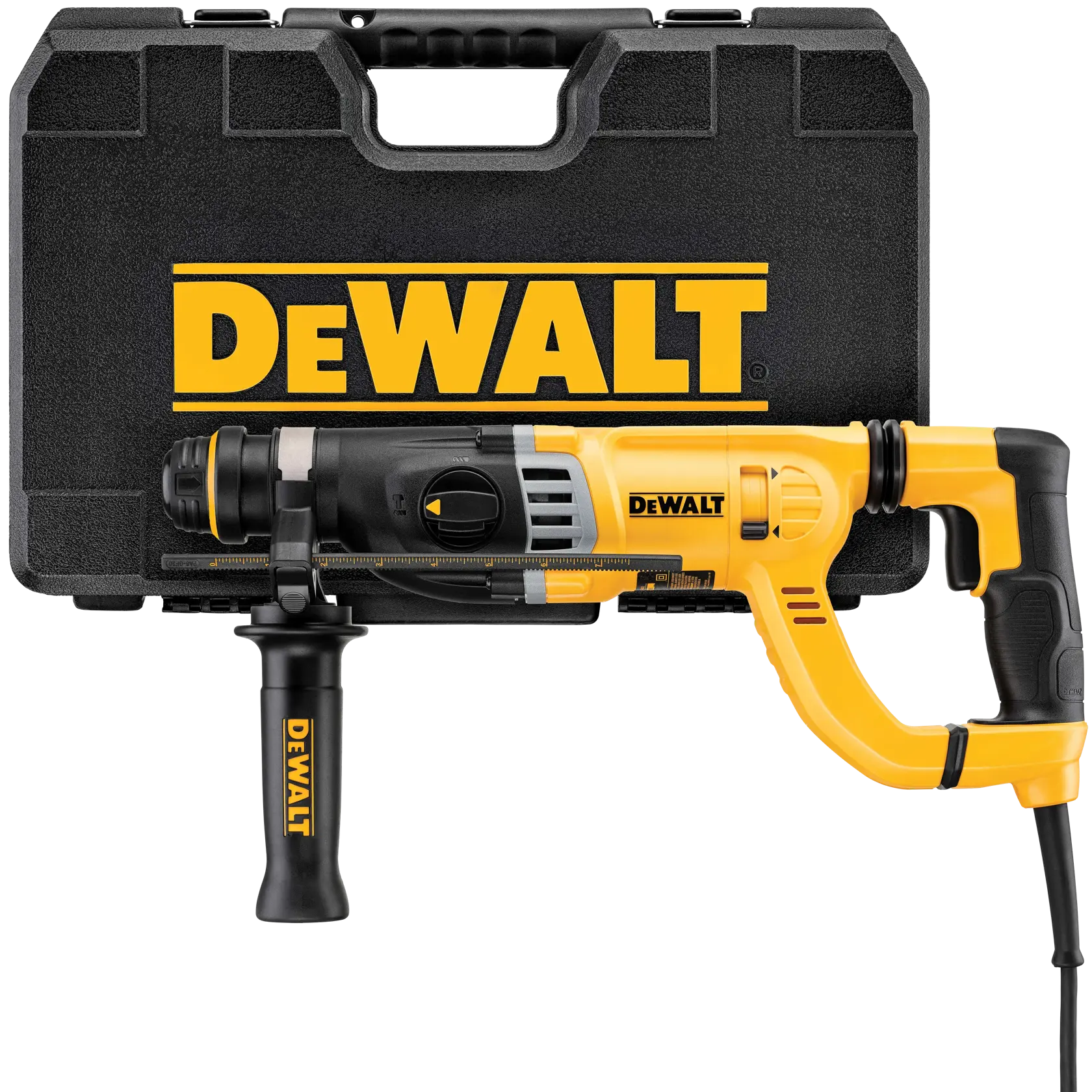 A yellow and black DEWALT corded rotary hammer drill is shown in front of a black carrying case with the DEWALT logo.