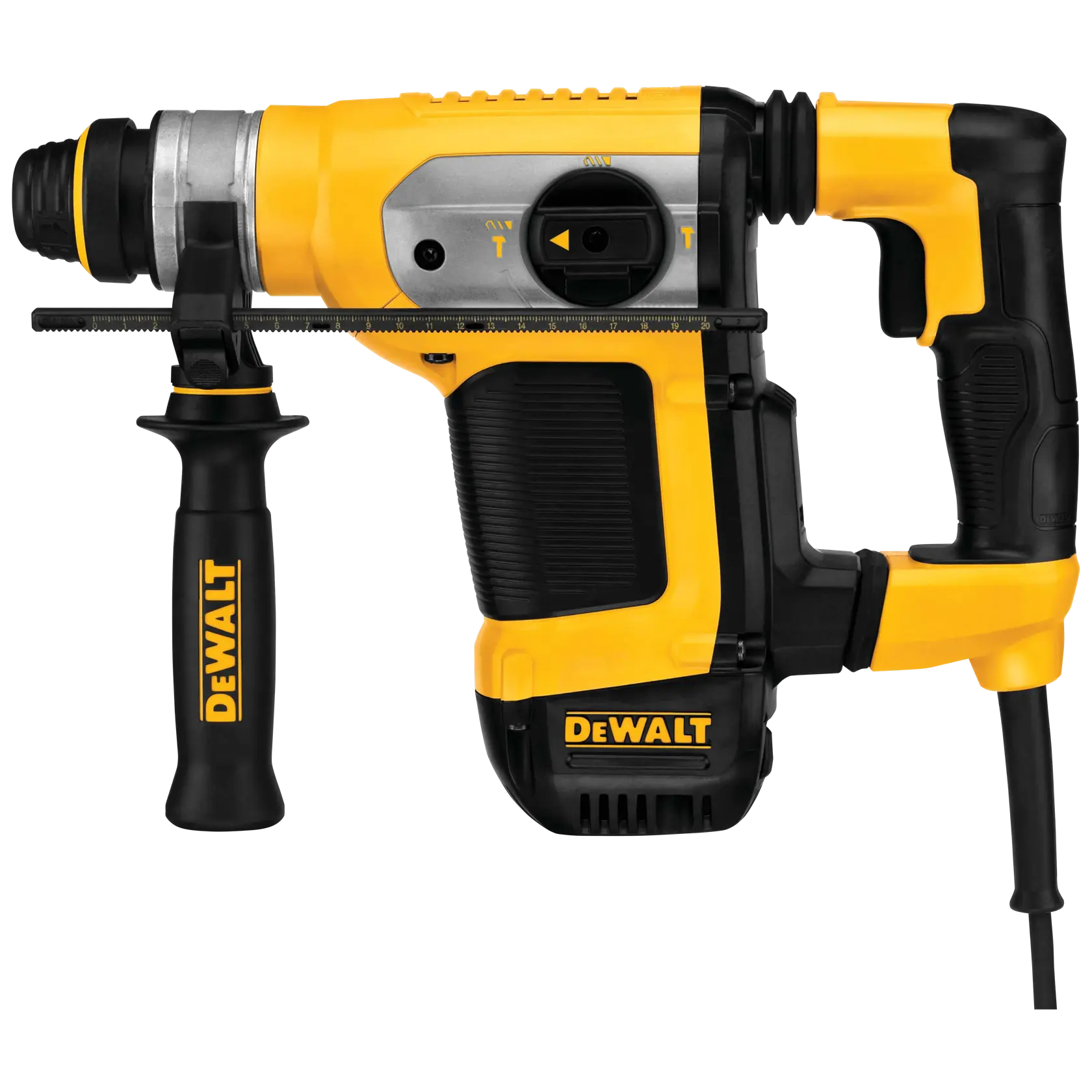 A yellow and black DEWALT electric rotary hammer drill with a side handle and a depth gauge bar, shown against a white background.