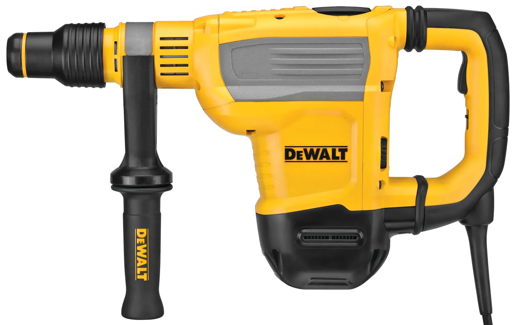A DEWALT yellow and black electric rotary hammer drill with a side handle, shown against a white background.