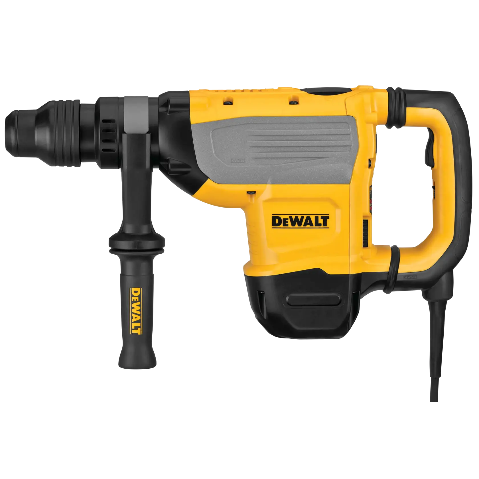 A DeWALT electric rotary hammer drill with a yellow and black body, side handle, and corded power supply.
