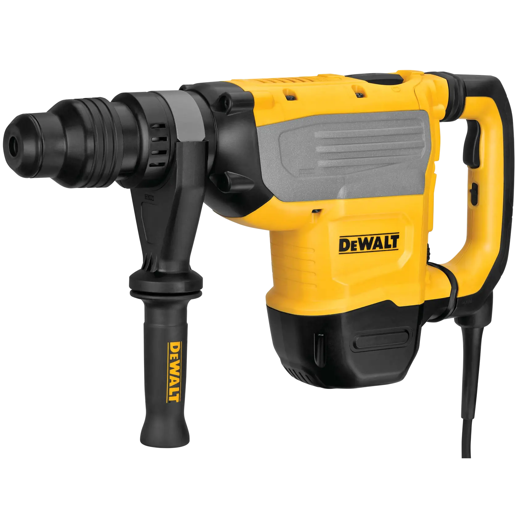 A yellow and black DEWALT electric rotary hammer drill with a side handle and power cord, model D25733K.