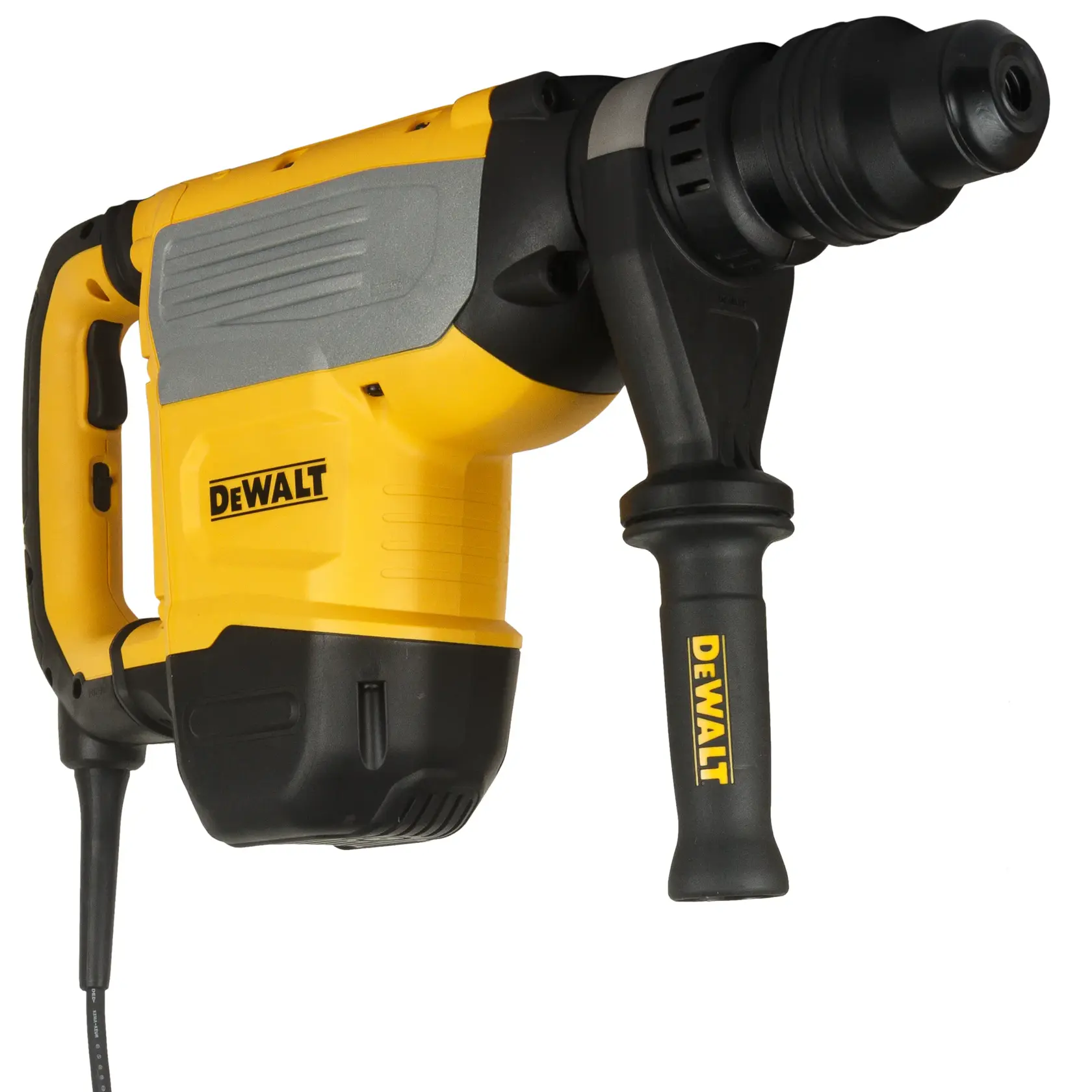 Yellow DEWALT rotary hammer drill with side handle, corded, heavy-duty construction tool.