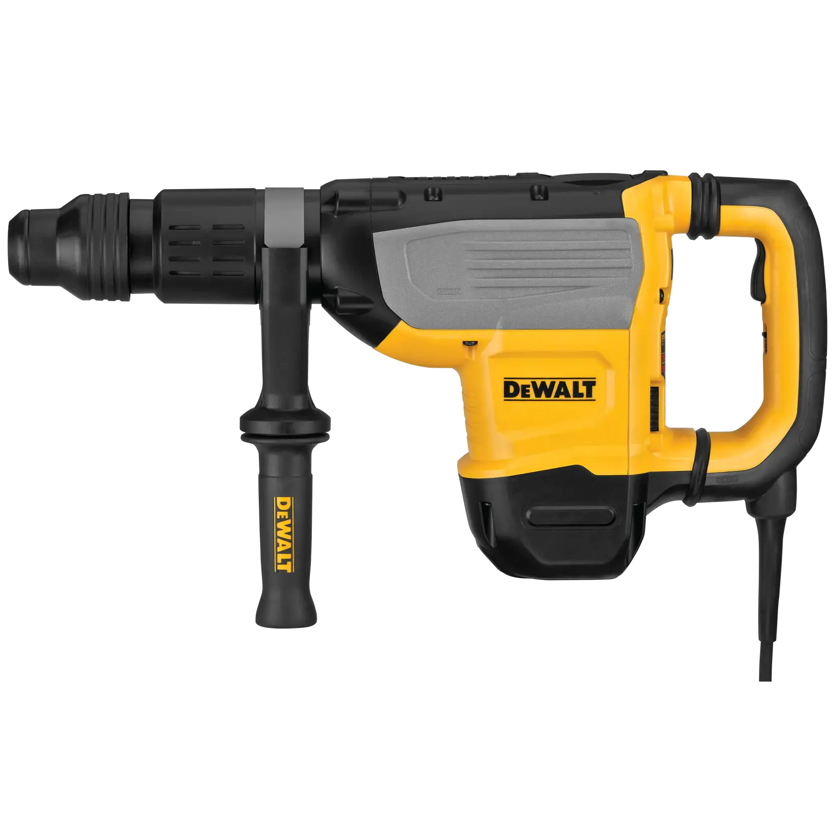 A DEWALT branded electric rotary hammer drill, shown in a yellow and black color scheme, with a side handle and cord, designed for heavy-duty construction and demolition work.