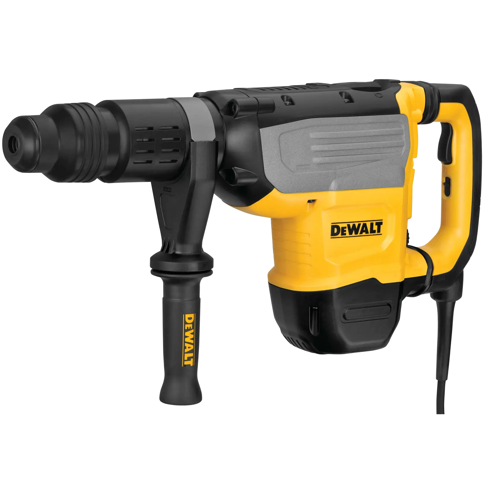A DEWALT heavy-duty rotary hammer drill with a yellow and black body, a side handle for better grip, and an attached power cord.