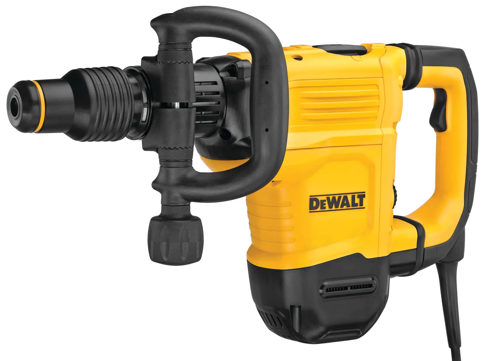 A DEWALT electric demolition hammer with a yellow body and black handles, featuring a power cord and robust construction.