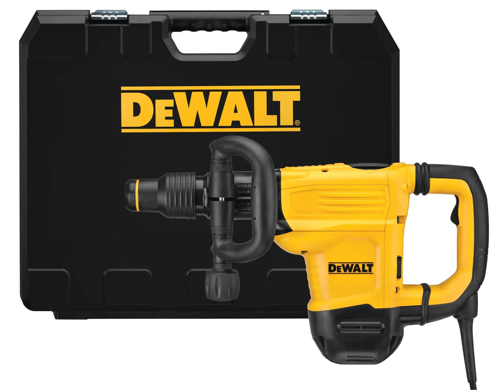 A yellow DEWALT demolition hammer with a black handle and a carrying case behind it. The case is black with a large DEWALT logo printed on the front.