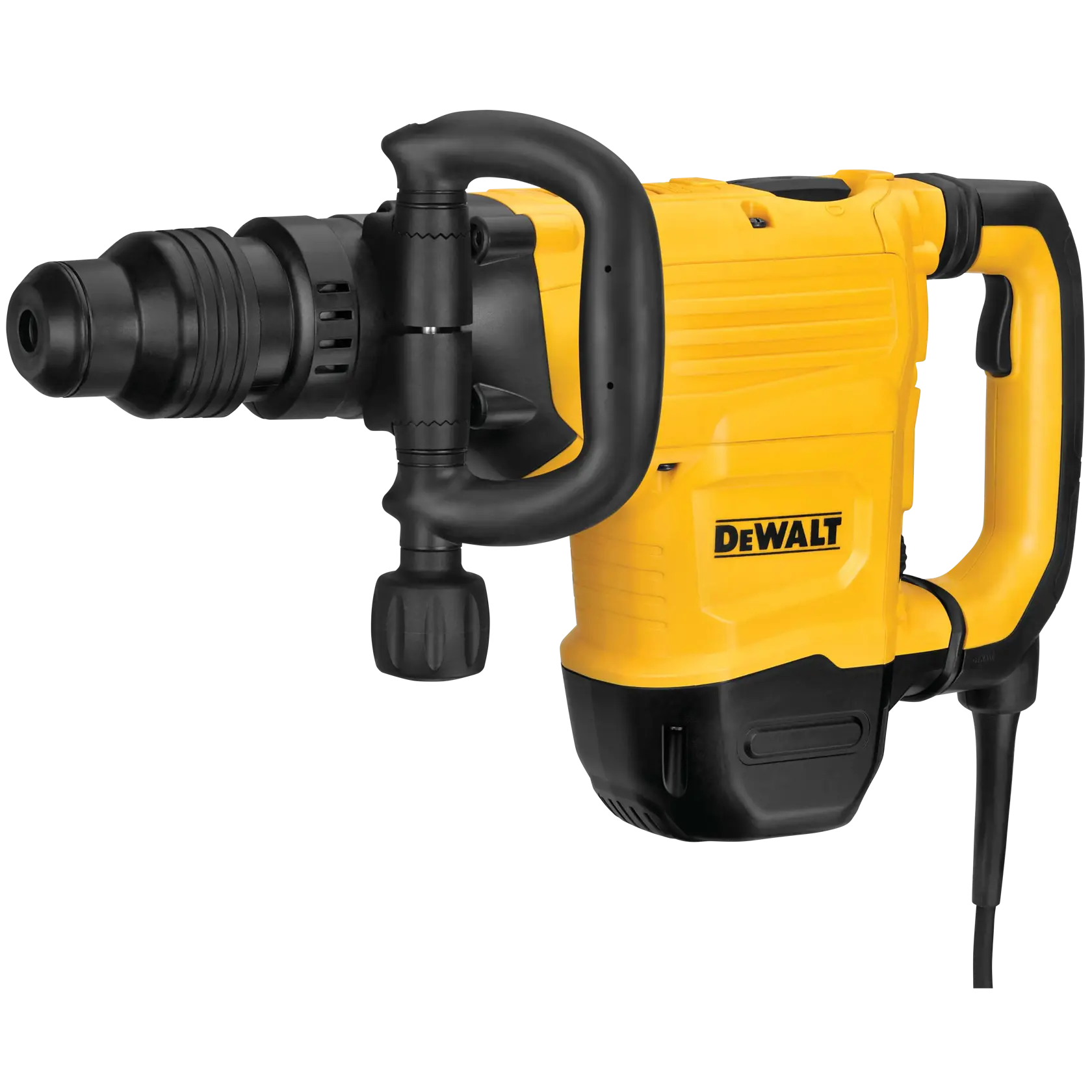 A yellow and black DEWALT corded demolition hammer with a side handle and robust construction, designed for heavy-duty concrete or masonry work.