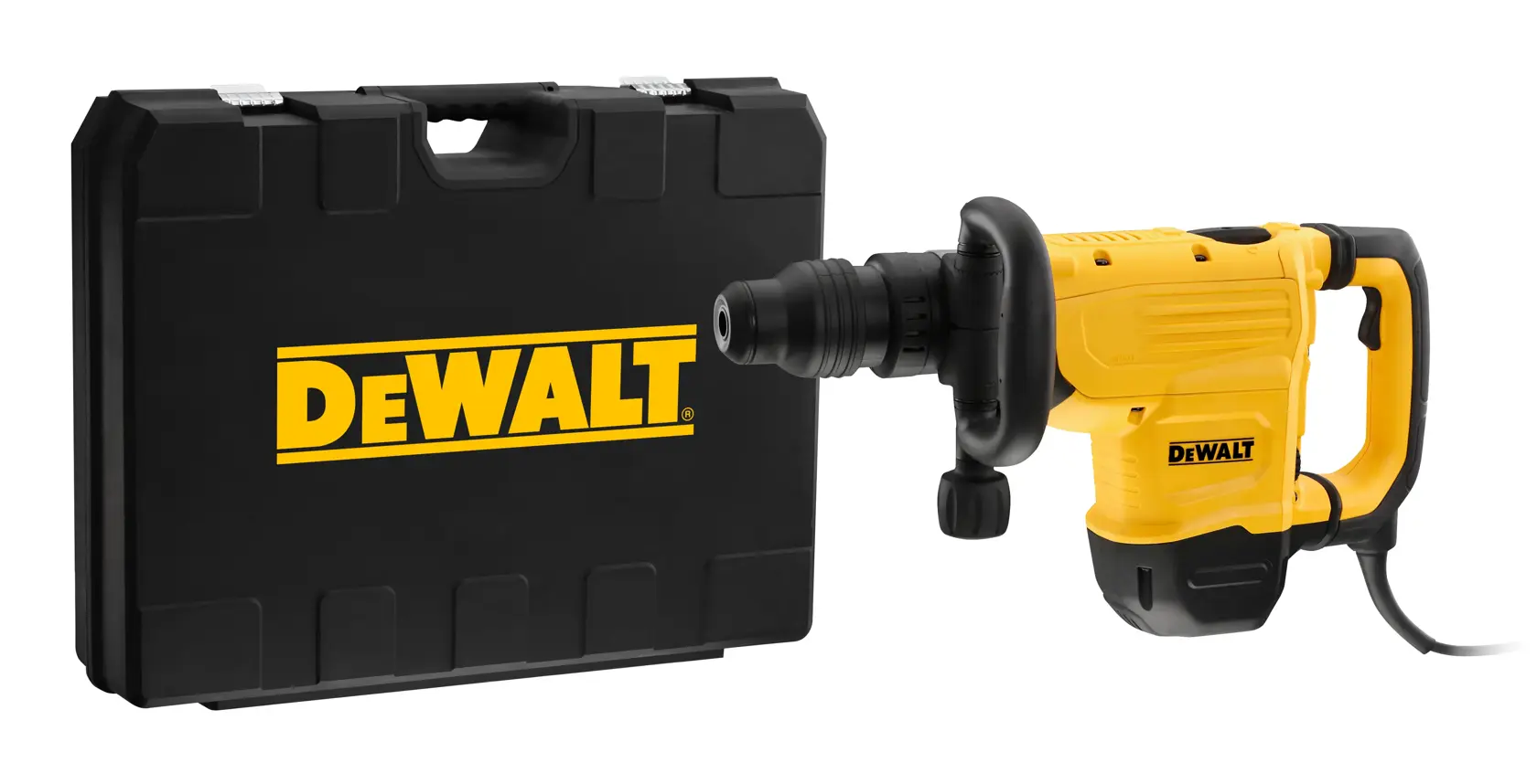 A yellow and black DEWALT demolition hammer next to a black DEWALT carrying case.