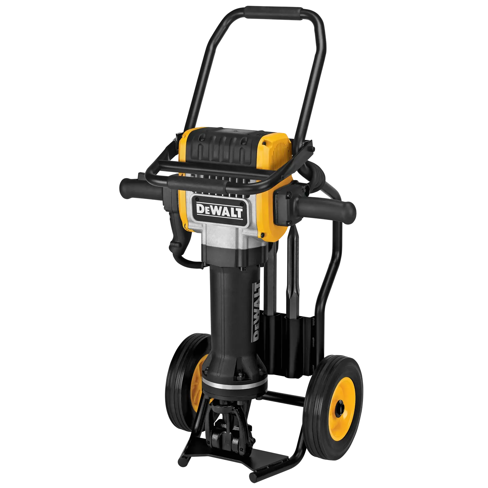 A DEWALT industrial demolition breaker mounted on a wheeled stand, shown in front view. The tool features a yellow and black design with handles and wheels for mobility.