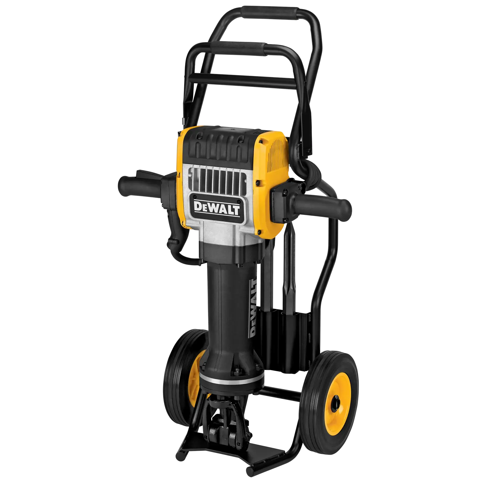 A portable DEWALT electric demolition breaker mounted on a wheeled cart, designed for heavy-duty construction work.