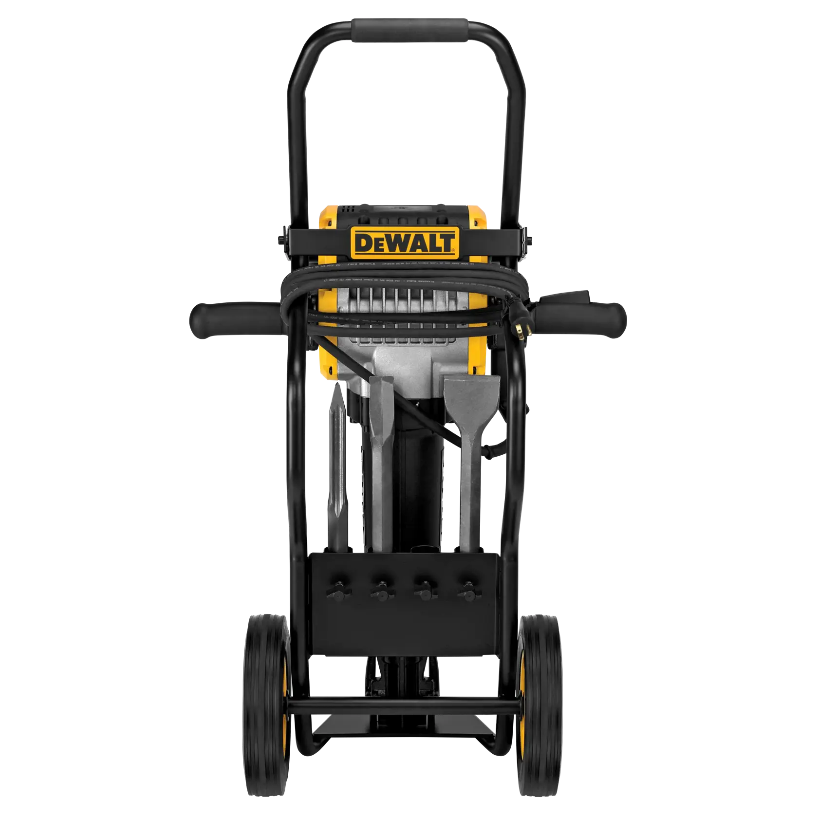 Front view of a DEWALT wheeled trolley designed to hold heavy-duty tools and accessories, featuring black and yellow accents and multiple compartments.
