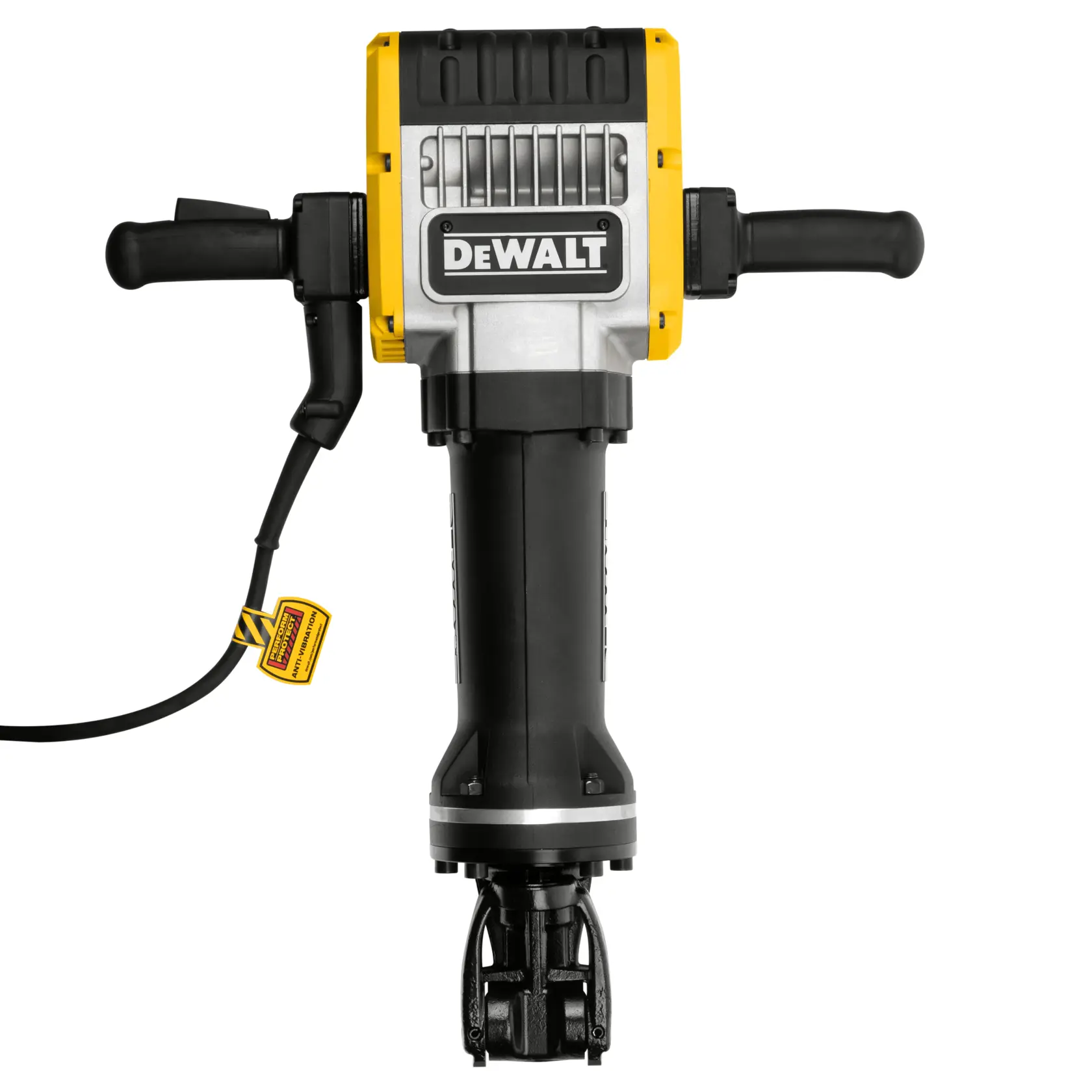 Front-facing view of a DEWALT electric jackhammer with a yellow and black body, two horizontal handles, and a power cord attached on the left side.