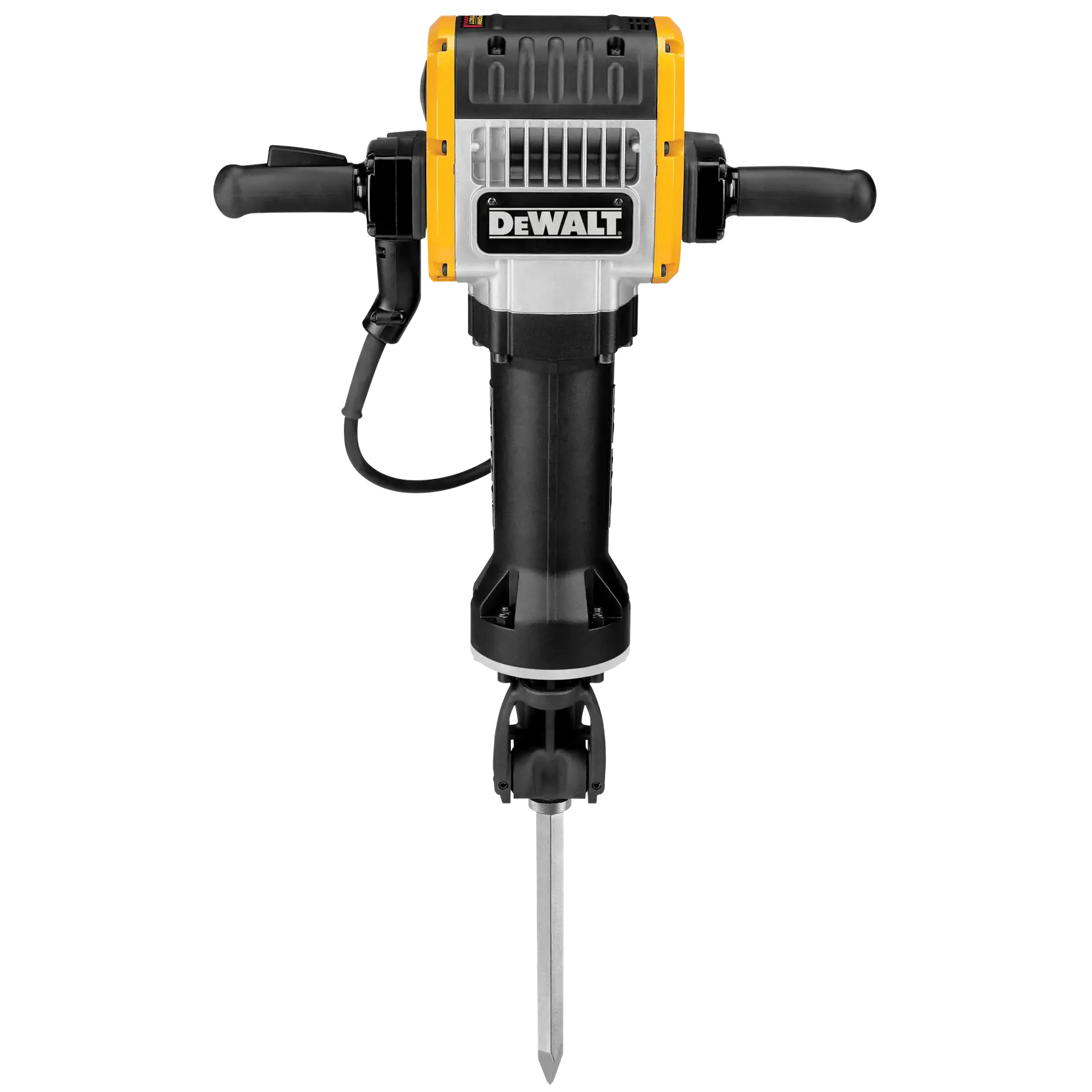 Front view of a DEWALT electric jackhammer with two black handles and a pointed chisel bit attachment.