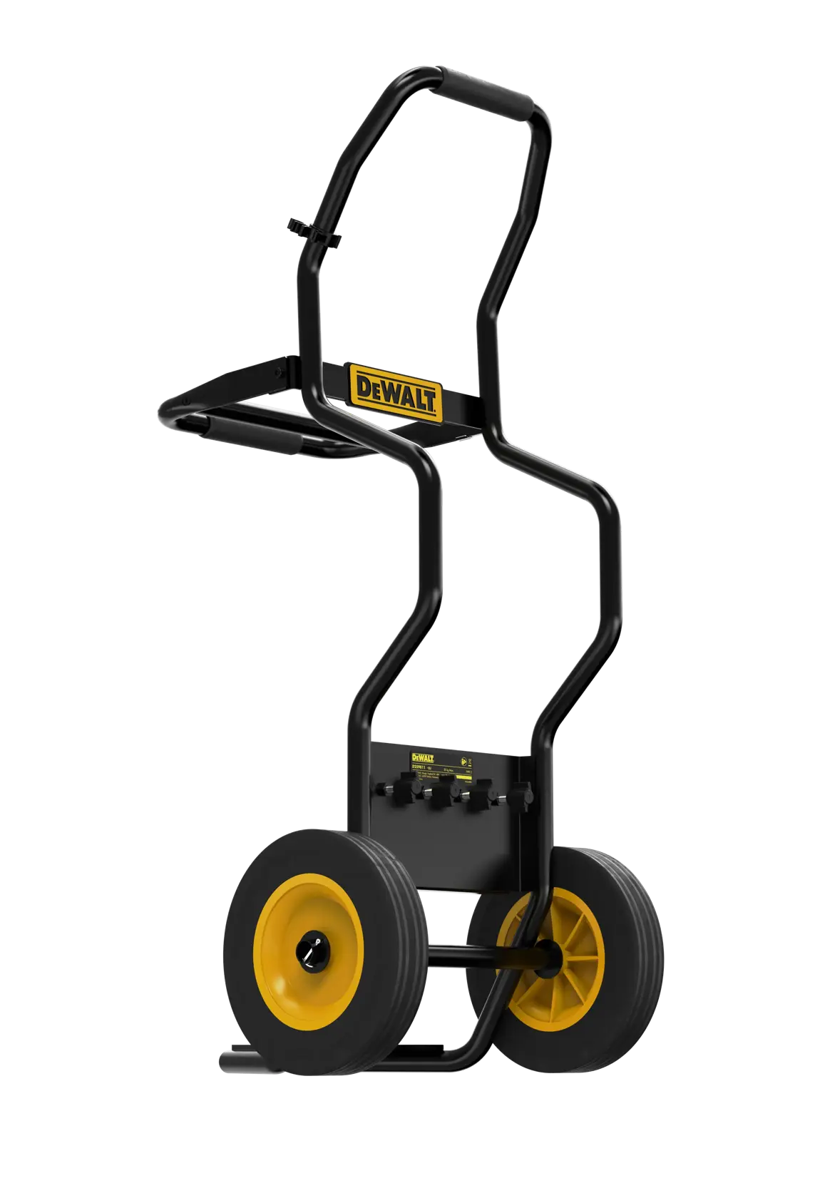 A DEWALT-branded hand truck with a black metal frame and two large wheels, designed for transporting heavy equipment. The wheels have yellow rims and the handle area shows the DEWALT logo.
