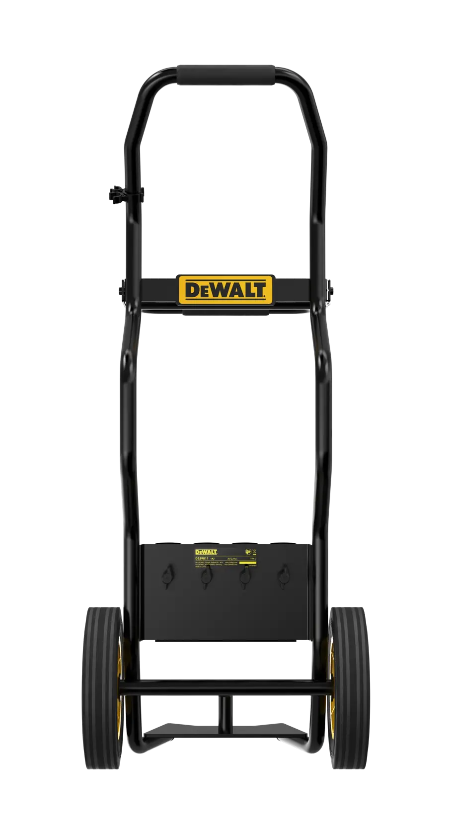 Front view of a DEWALT hand truck with two black wheels, a sturdy metal frame, and a handle at the top. The DEWALT logo is visible in the center of the frame. The truck is designed for carrying heavy equipment.