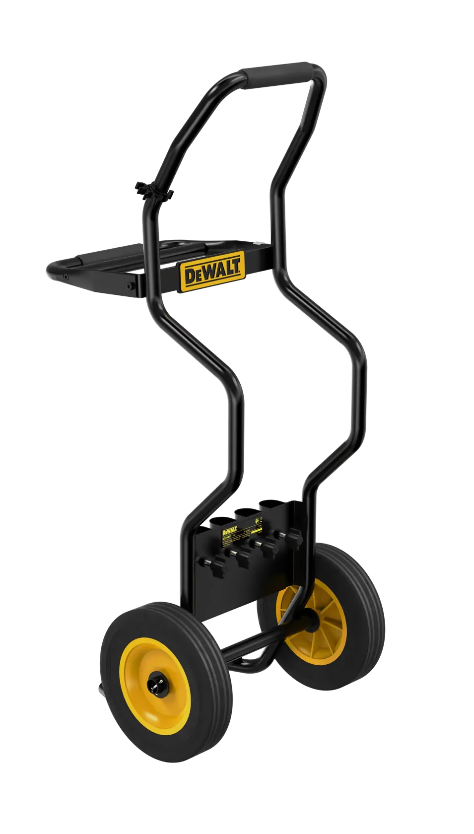 A DEWALT branded black and yellow utility cart with two large wheels and a sturdy handle. The cart has a tray and tool holders for transporting equipment.