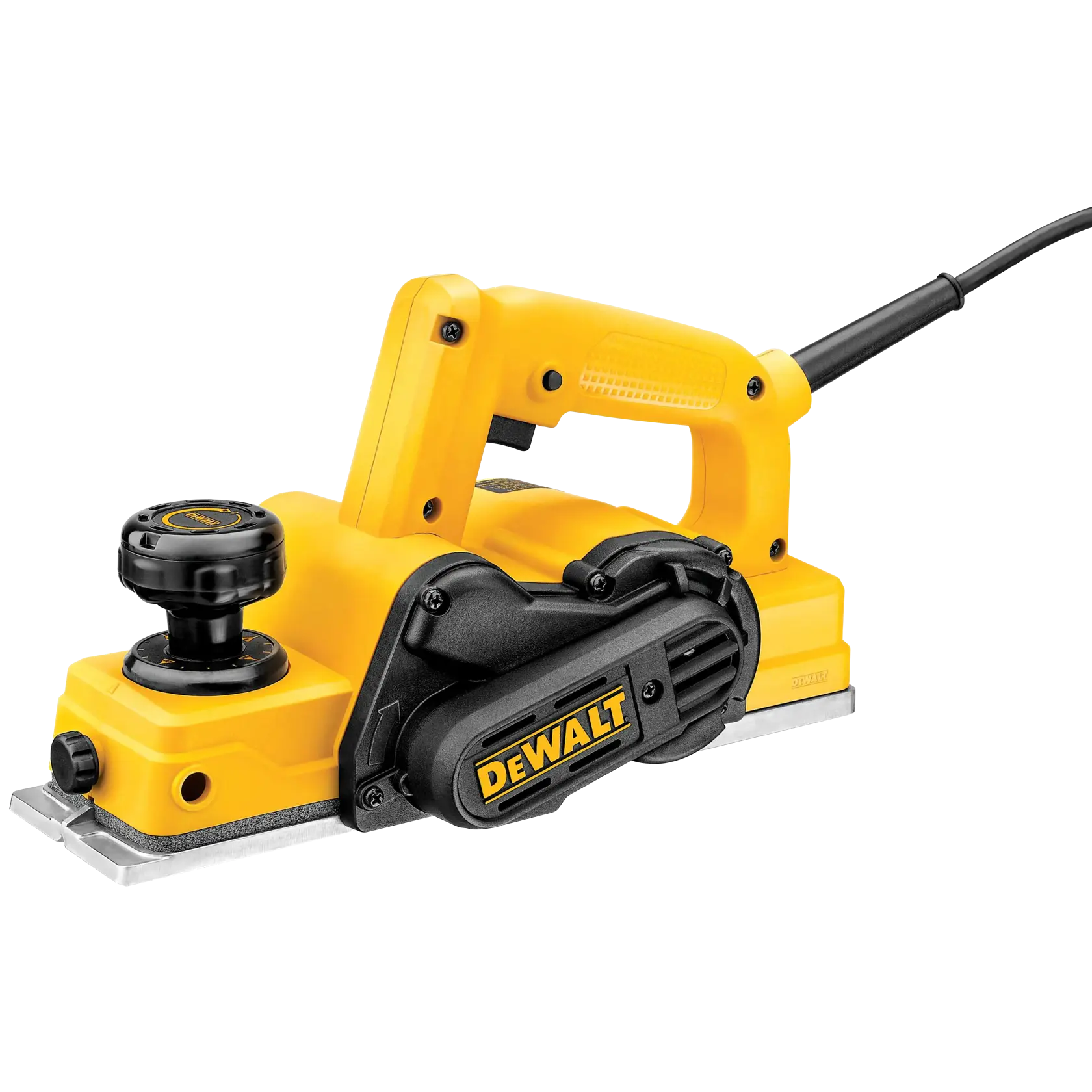 A yellow and black electric hand planer by DEWALT, model D26676, shown with a handle and a cord on a white background.