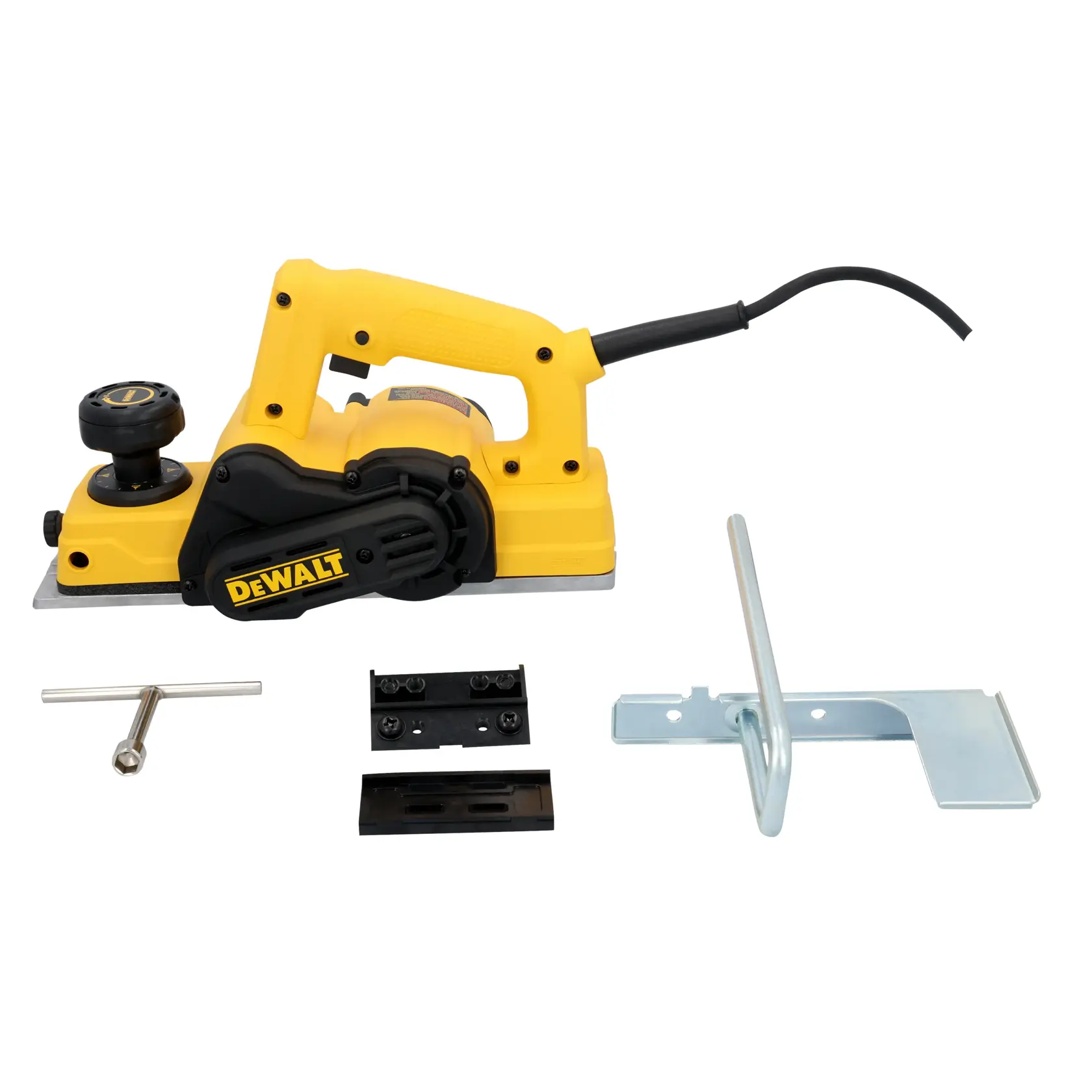 A DEWALT electric hand planer in yellow and black with included accessories such as a metal guide, wrench, and replacement blade parts, displayed on a white background.