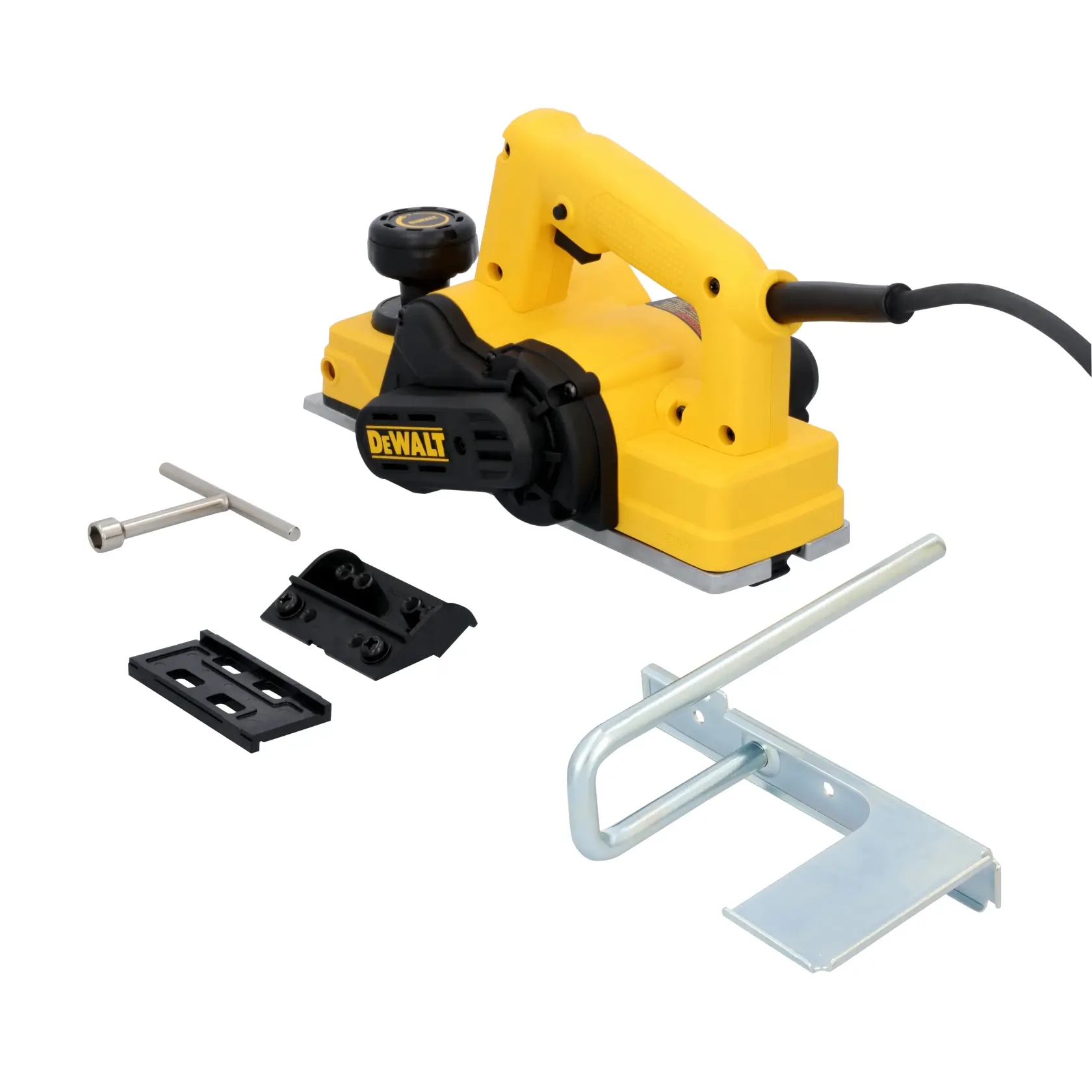 A yellow DEWALT electric hand planer with multiple attached and detached accessories, including a metal wrench, a black base plate, a black mounting piece, and a silver metal guide, all arranged on a white background.