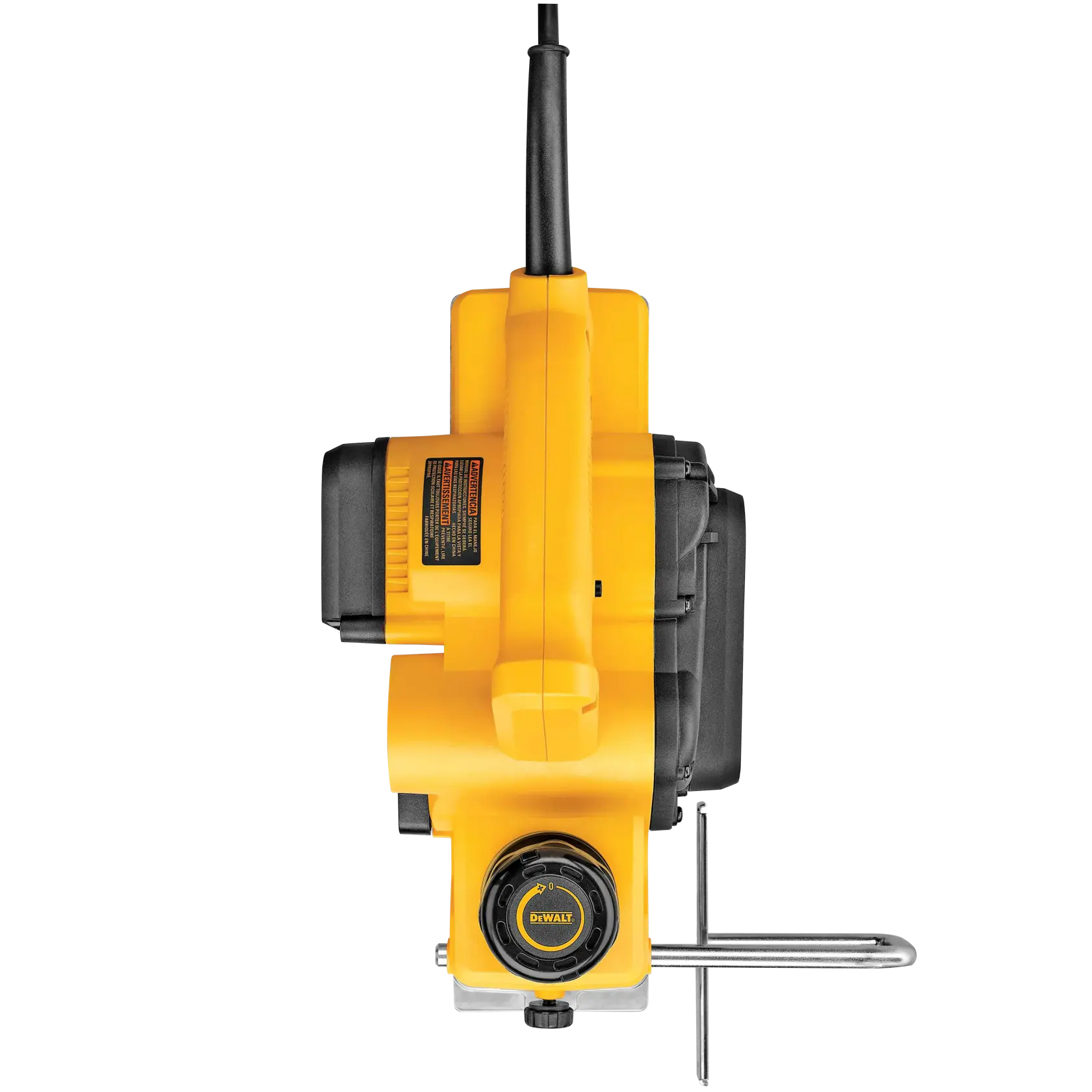 Top view of a DEWALT electric hand planer in yellow and black, showing the front adjustment knob and side guide bar on a white background.