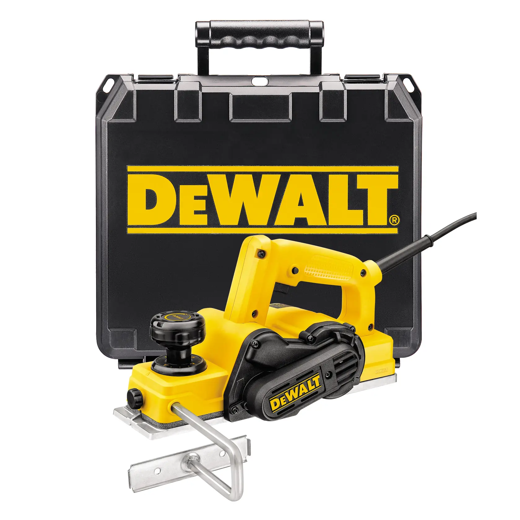 A yellow DEWALT electric hand planer is shown in front of a black and yellow DEWALT branded carrying case.