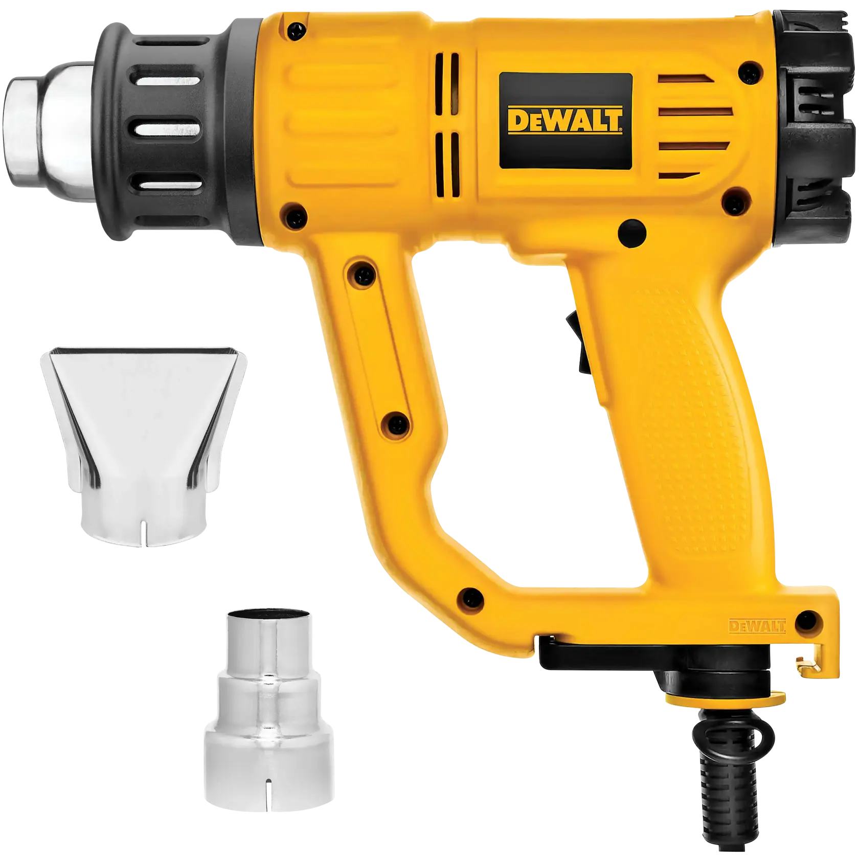 A DEWALT yellow and black heat gun with two metal nozzle attachments shown beside it, on a white background.