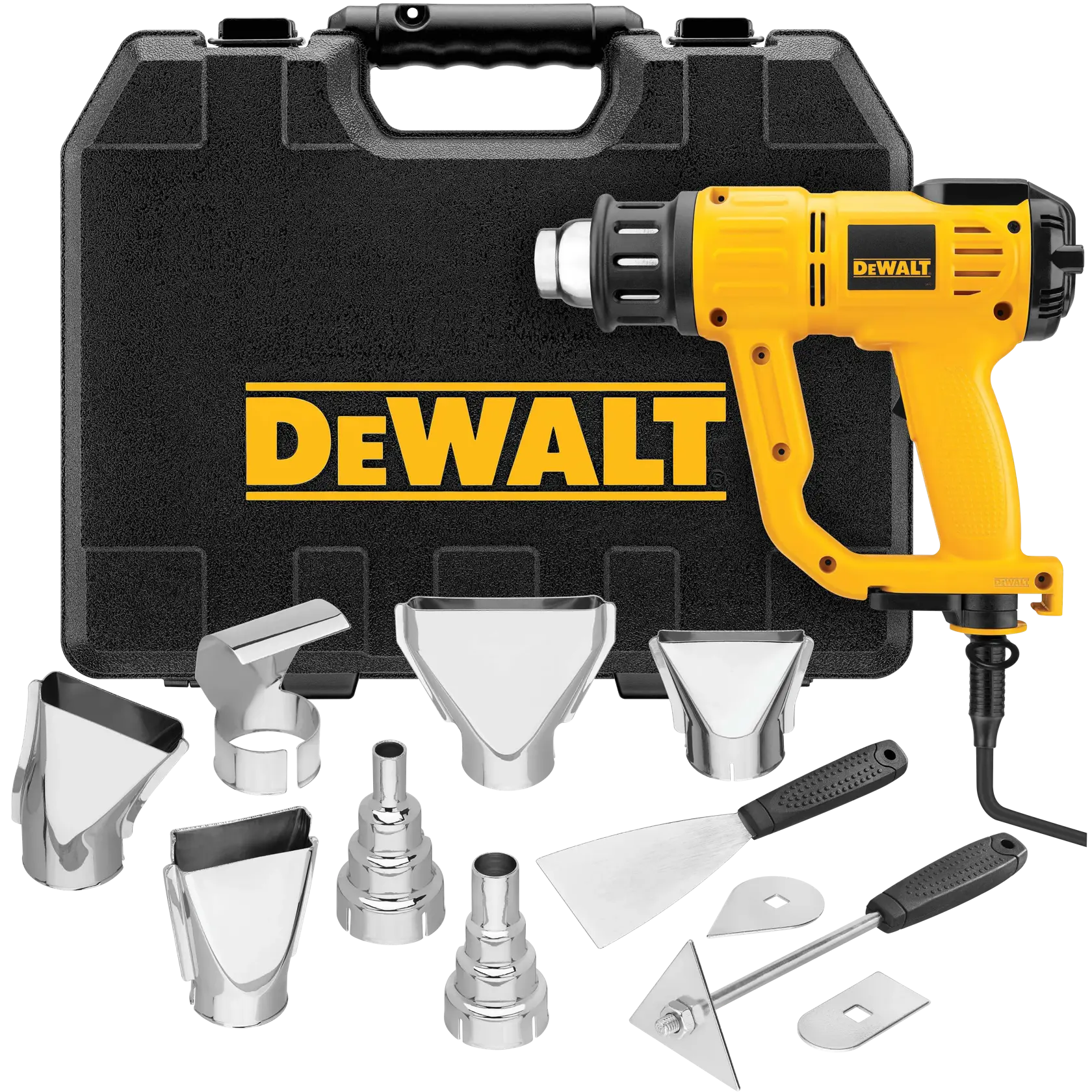 A DEWALT heat gun kit with a yellow and black heat gun, multiple metal nozzle attachments, scrapers, other accessories, and a black carrying case with a large DEWALT logo.
