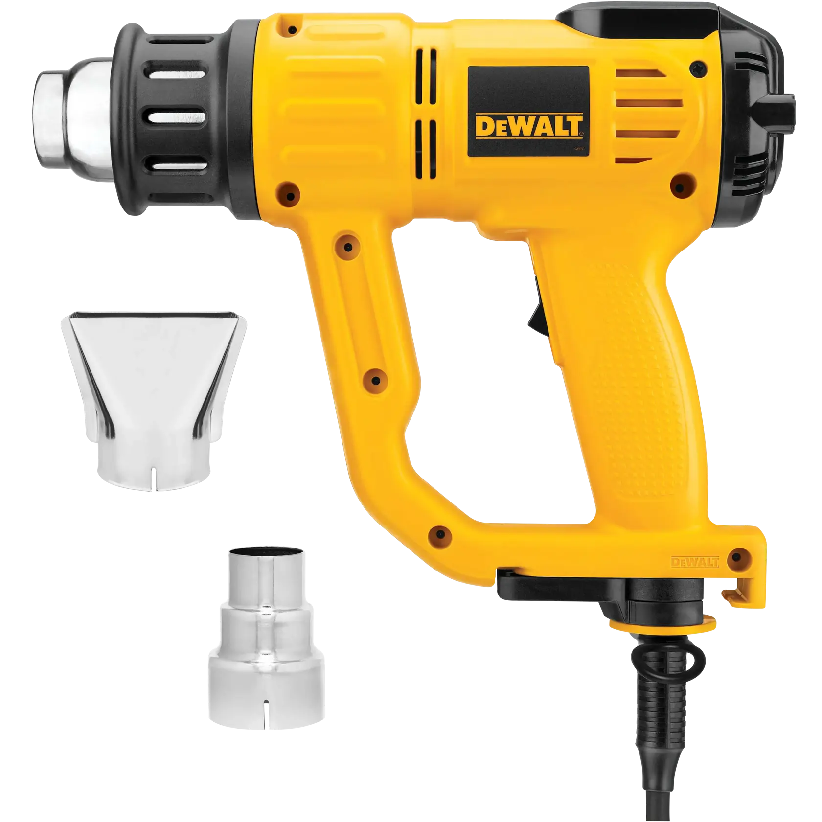A yellow and black DEWALT heat gun with a cord, shown alongside two interchangeable metal nozzles.