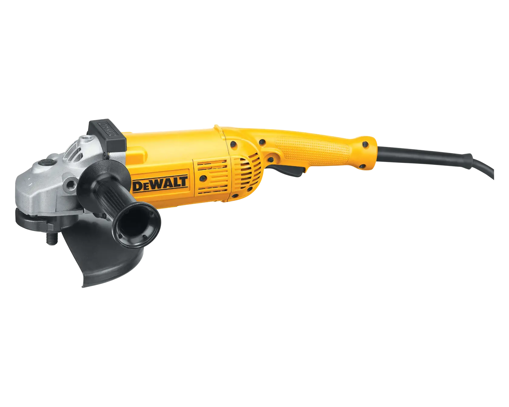 A yellow and black DEWALT angle grinder with a side handle and a power cord, designed for cutting and grinding tasks.