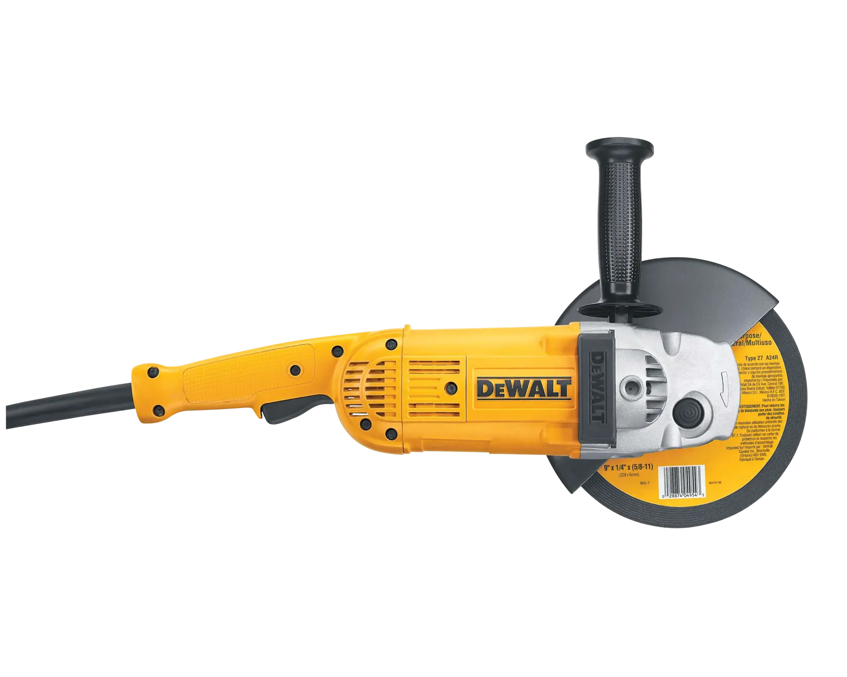 A DEWALT D28499X angle grinder with a yellow body and black handle, featuring a large cutting disc and a power cord.