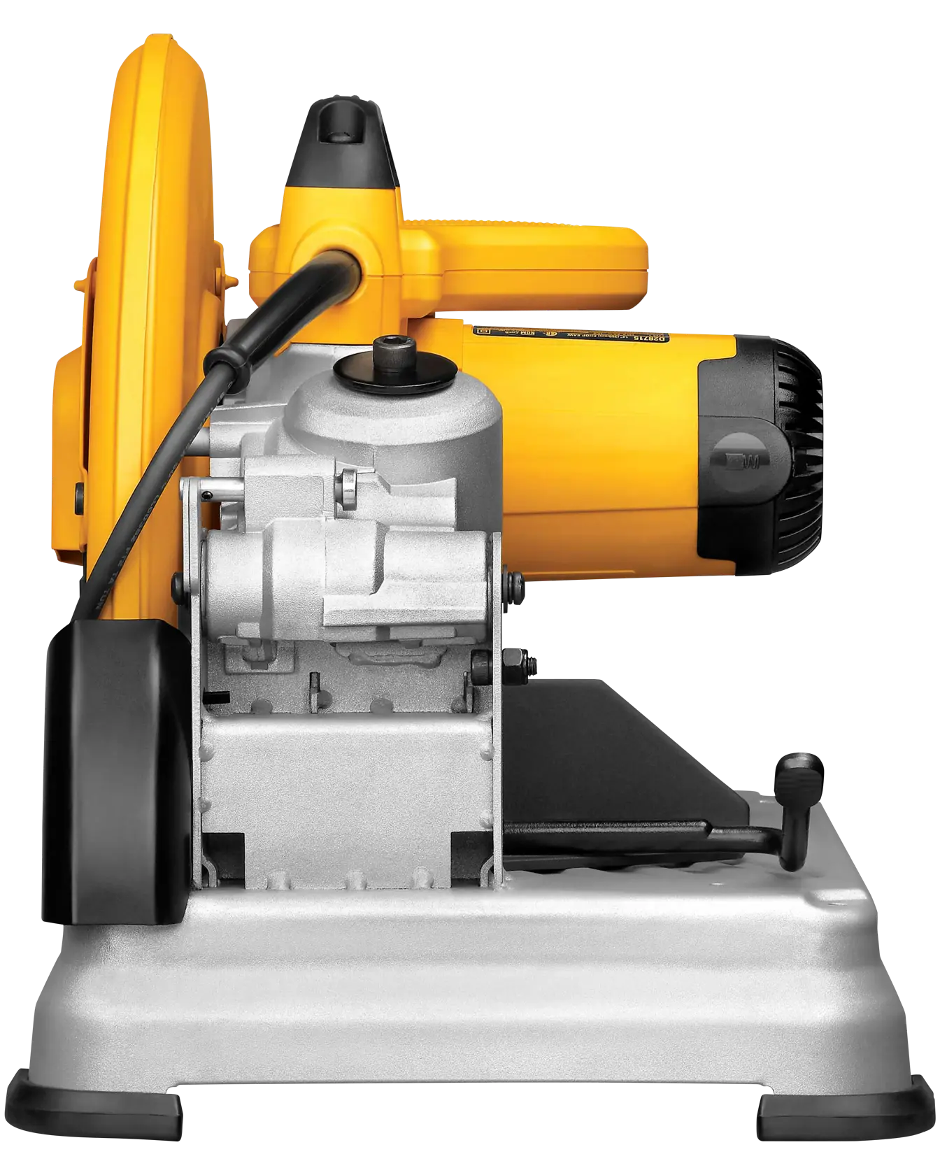 Side view of a DEWALT D28715 metal cutting chop saw, featuring a yellow and black motor housing and a silver base with a cutting platform.