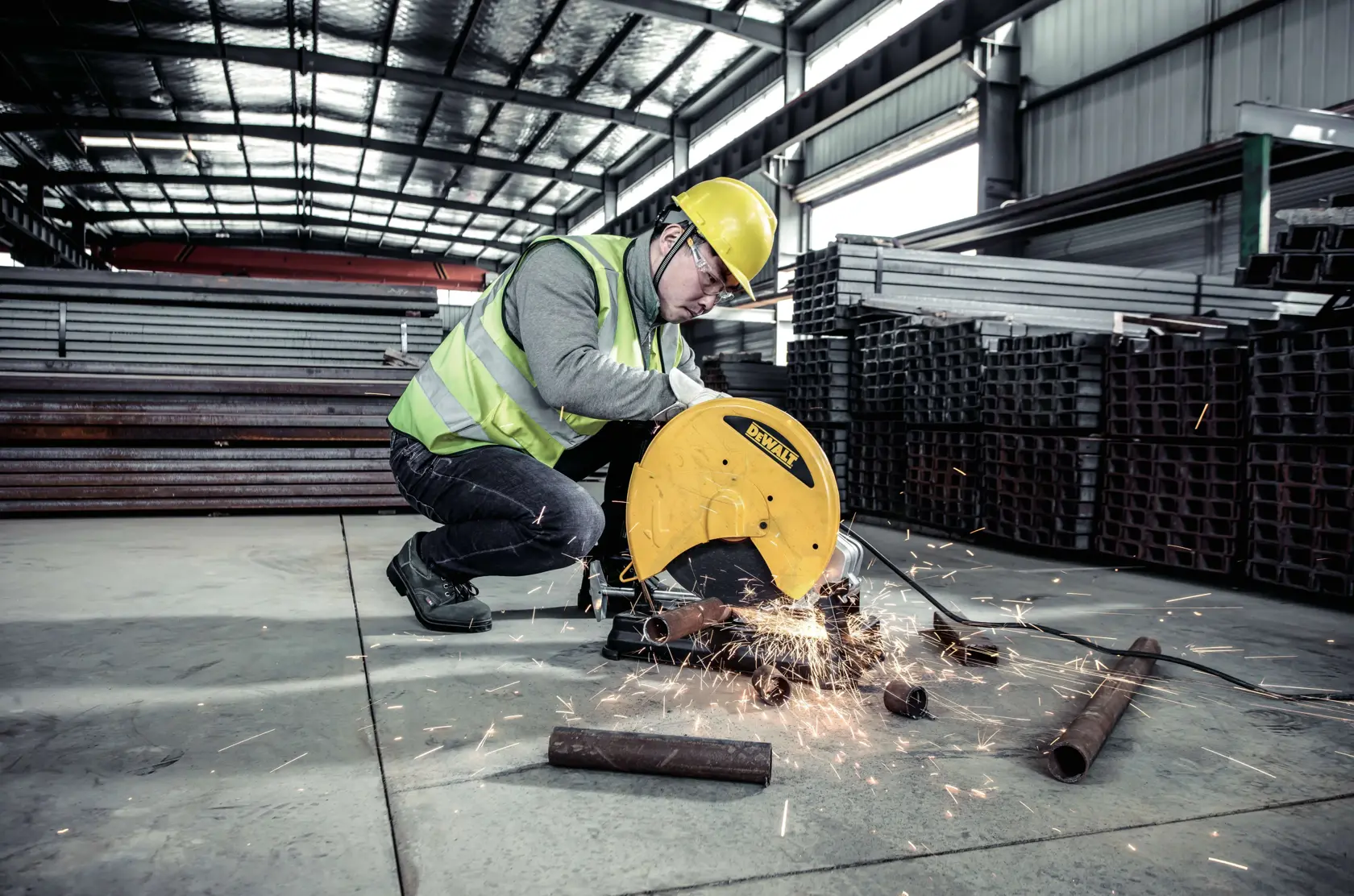 A worker wearing a safety vest and helmet uses a DEWALT D28730-B2 metal chop saw to cut steel pipes in an industrial warehouse. Sparks fly from the cutting area and there are steel pipes and stacked metal materials in the background.