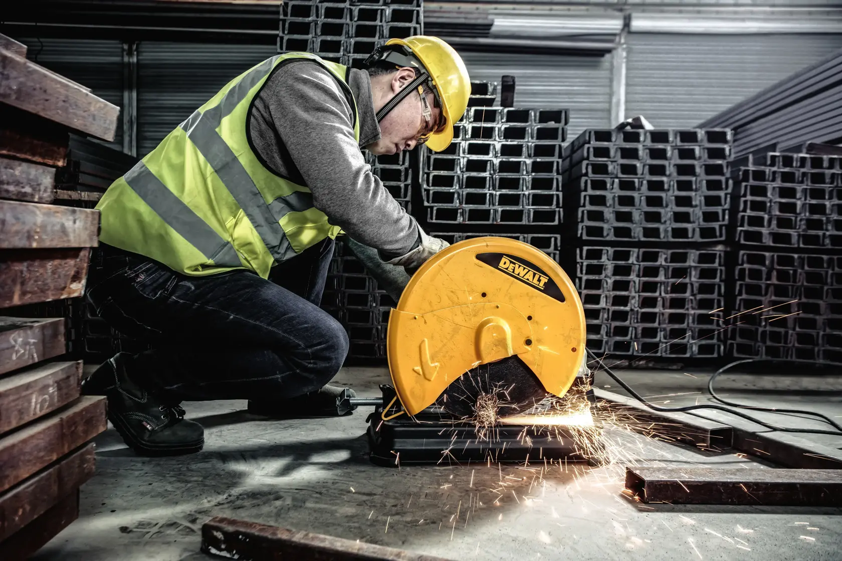 A person wearing safety gear operates a DEWALT metal cutting saw, model D28730, to cut metal bars in an industrial setting. Sparks fly from the cutting area.