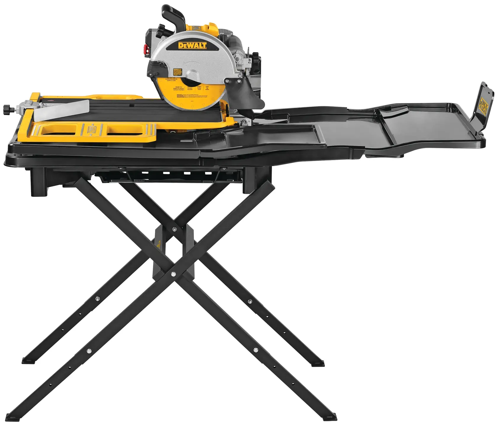 A DEWALT sliding table wet tile saw with a stand, shown from the side. The saw features a yellow and silver design and is mounted on a black foldable stand.