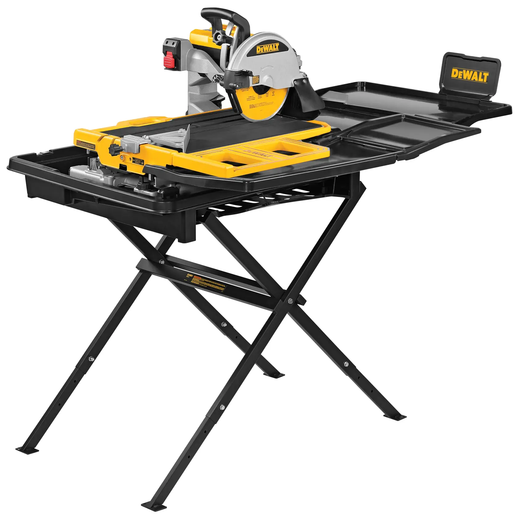 A DEWALT branded tile saw with a yellow and black design, mounted on a folding stand. The saw features a circular blade, adjustable cutting surface, and a water tray for wet cutting. Suitable for professional or DIY tile cutting projects.