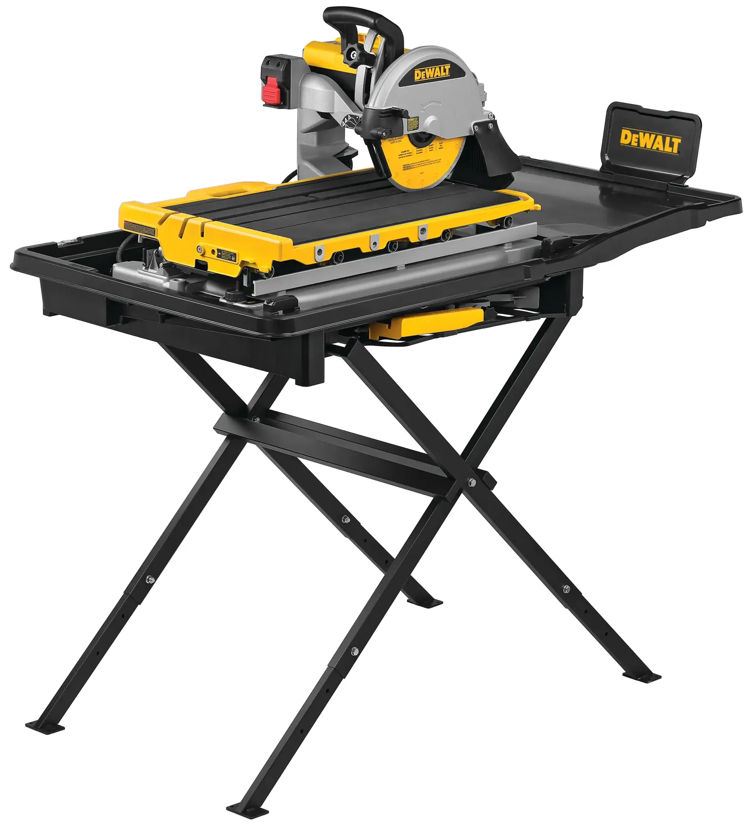 A DEWALT tile saw with a stand, featuring a yellow and black color scheme, suitable for professional cutting tasks.