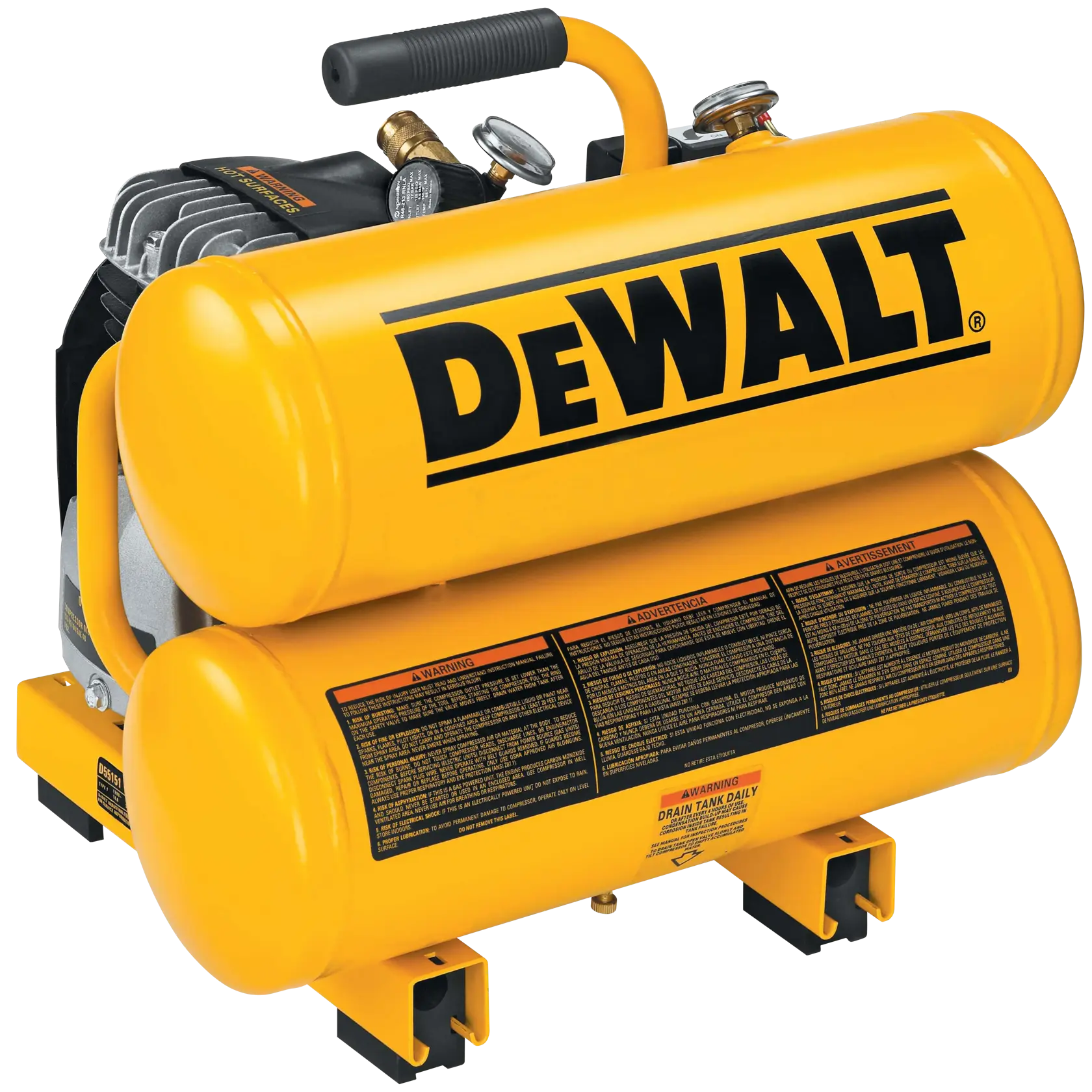 A DEWALT portable air compressor, model D55151, featuring two stacked yellow air tanks with black safety and usage labels, gauges, and a handle. The compressor is designed for heavy-duty use, with prominent DEWALT branding on the tanks.