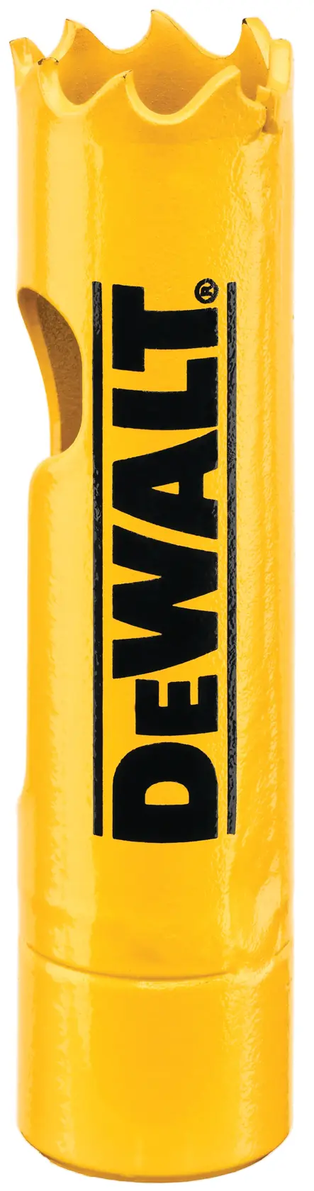 A yellow DEWALT hole saw with jagged cutting teeth and a side opening, used for drilling circular holes in materials.
