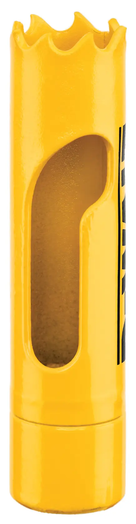 A yellow DEWALT hole saw with a cylindrical shape, saw teeth at the top, and an open side slot for debris removal. Designed for drilling holes in materials such as wood or metal.