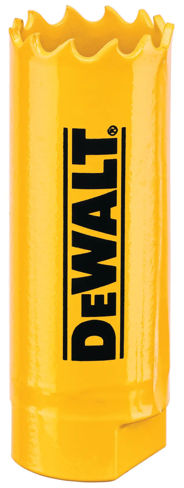 A yellow DEWALT hole saw drill bit with a serrated cutting edge and DEWALT logo printed vertically on the cylinder.