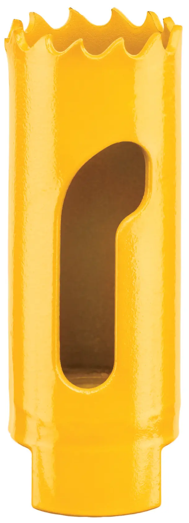 A yellow DEWALT hole saw with a serrated edge and an open slot for easy debris removal, designed for cutting holes in various materials.