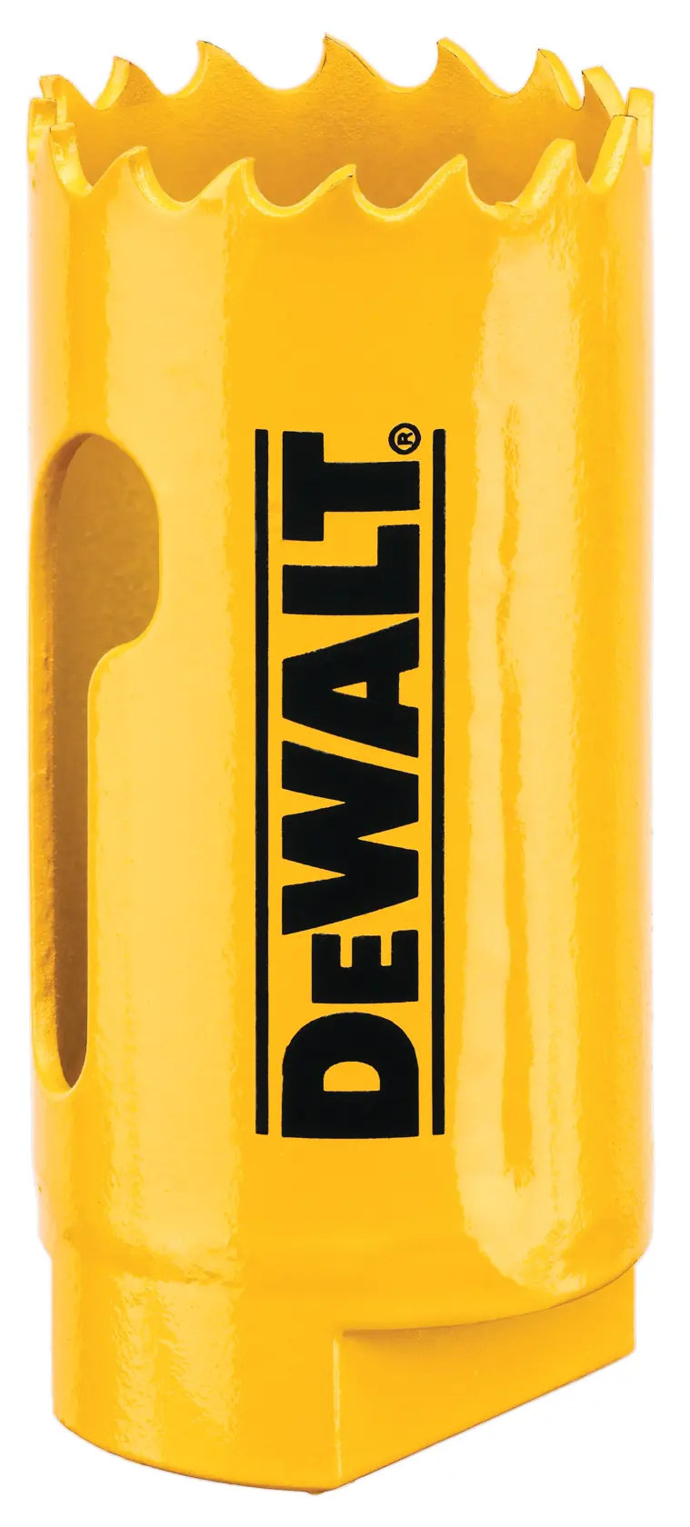 A yellow DEWALT hole saw cutter with jagged teeth, designed for cutting holes in various materials.