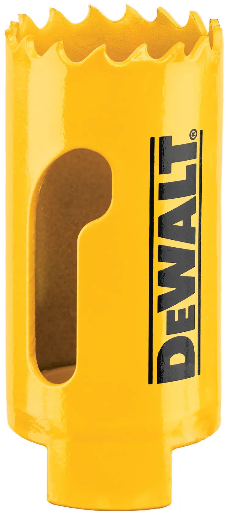 A yellow DEWALT hole saw with sharp teeth and side openings, designed for cutting holes in various materials.