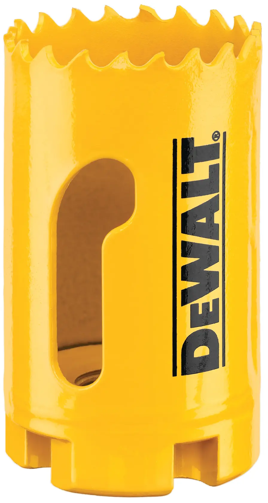 Close-up of a yellow DEWALT hole saw with jagged cutting edge and brand logo printed on the side.