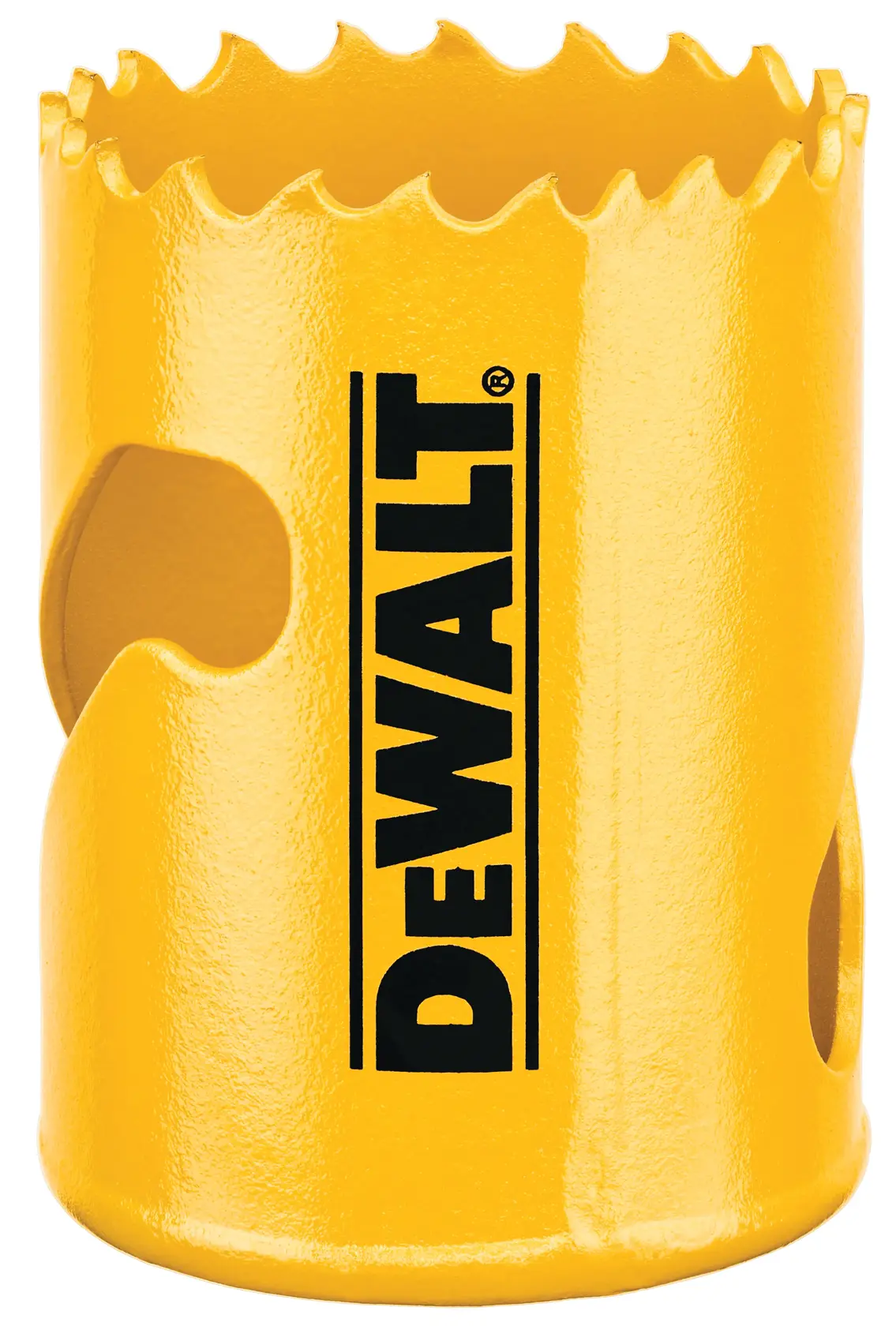 A close-up image of a yellow DEWALT hole saw with sharp teeth and the DEWALT logo printed vertically on its side.