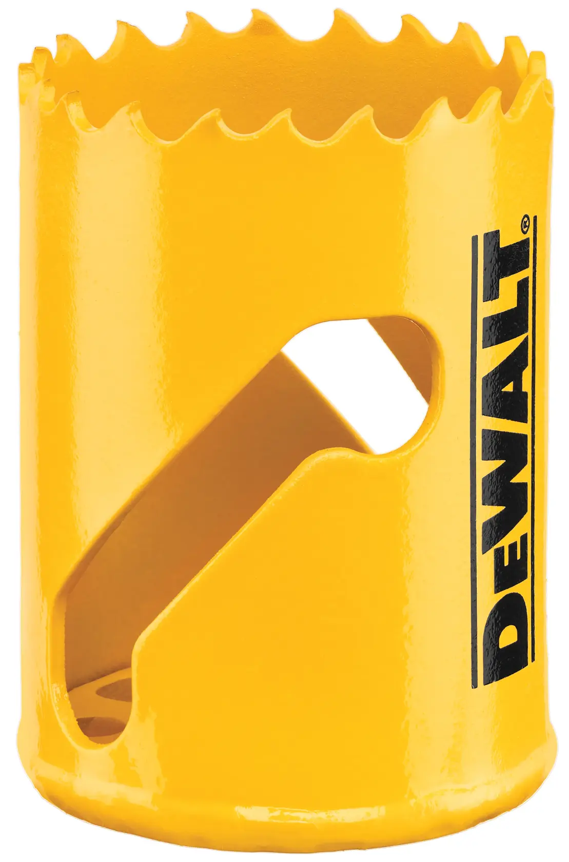 A yellow DEWALT hole saw with sharp teeth and brand logo, used for drilling large holes in materials like wood and metal.