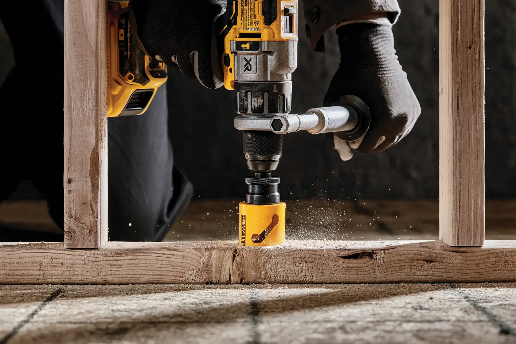 A person wearing gloves uses a DEWALT power drill with a hole saw attachment to cut a hole through a wooden beam, with sawdust visible around the drilling area.