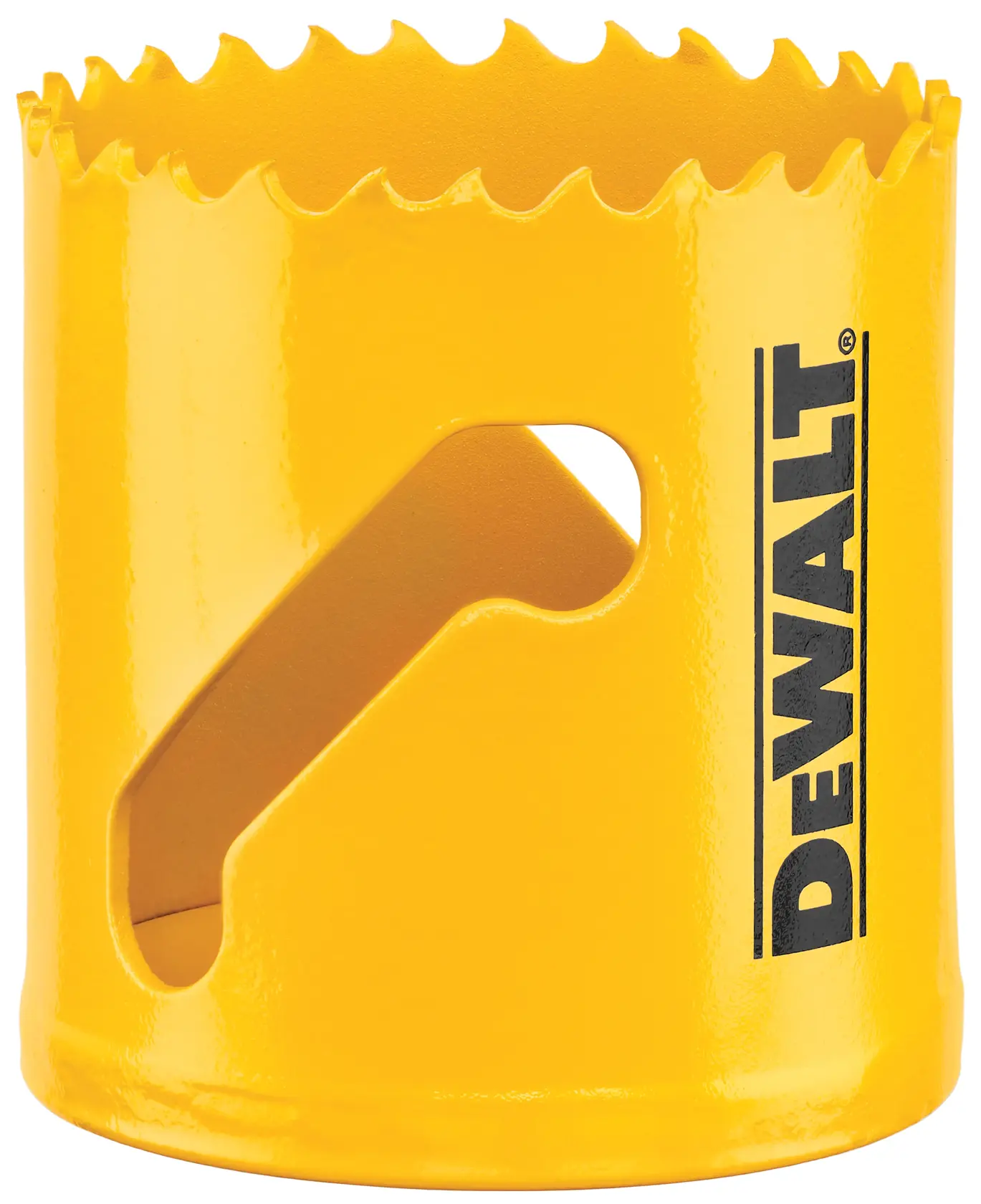 A close-up image of a yellow DEWALT hole saw drill attachment with sharp teeth along the top edge and the DEWALT logo printed on the side.